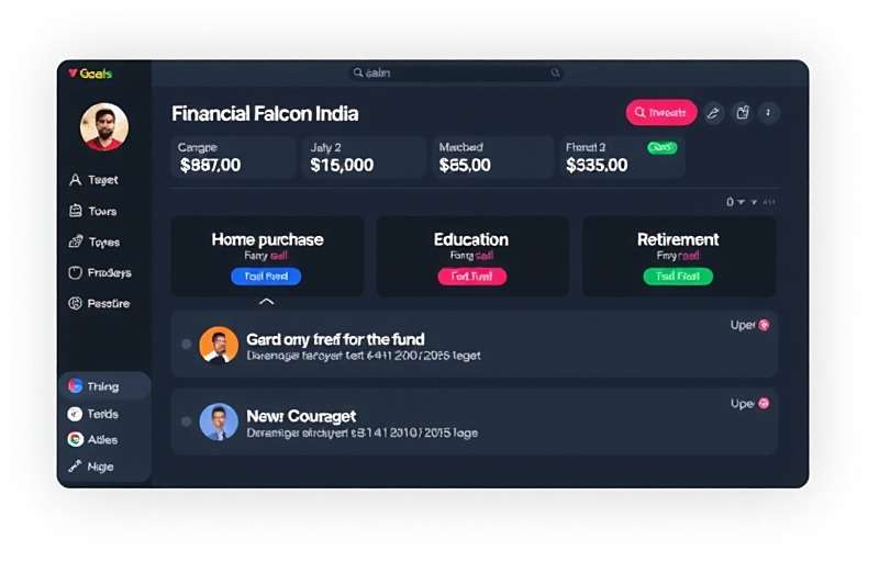 Setting Financial Goals in Financial Falcon India Financial Falcon India showing a player's financial goals dashboard with targets for home purchase, education fund and retirement