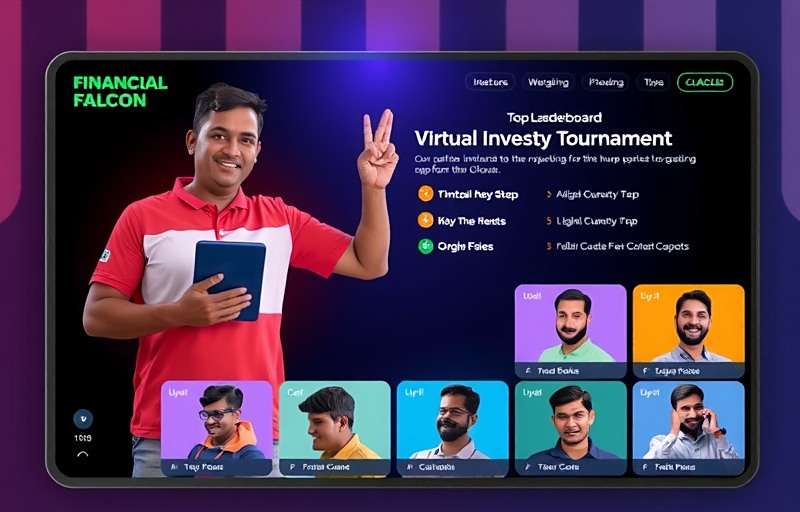 Financial Falcon India Community Tournaments Financial Falcon India community members participating in a virtual investment tournament with leaderboard showing top players from across India